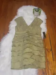 NWT ADRIANNA PAPELL Shimmering Cadet Green Tiered Ruffle Dress Size 12
