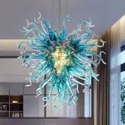 Aqua Blue Art Gray Glass Chandelier, Hand Blown Glass Chandeliers, Diam 20 in...