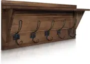 24" Rustic Brown Solid Wood Wall Mounted Coat Rack with Shelf, 5 Hooks - Kitchen