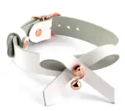 AURUM Stunning Rose Gold White leather HANDCRAFTED Kitten Bow & Bell Collar C25W