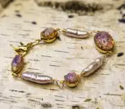 Pink Fire Opal In Glass And Baroque Pearls In Rae Tennis Bracelet Gold Plated