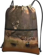 EdWal Deer Hunting Print Drawstring Backpack Gym Bags Sports Bags With Zipper Pocket For Travel Beach, Black, One Size