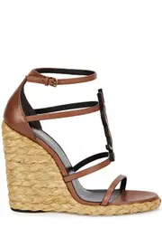 Saint Laurent Cassandra 100 Leather Wedge Espadrilles - Tan - 5 5