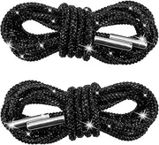 [YALOJE] 2pcs Rhinestone Glitter Shoelace, 47" Crystal Bling Round Hoodie String Ropes, Shiny Replacement Drawstring Cords for Sneakers, Boots, Bags - Black, Black, 47"
