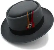 [Yiozoi] Vintage Unisex Pork Pie HAT Wool Flat Top Fedora Gentleman Panama Trilby Hat with Fashionable Feathers
