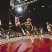 Houston Rockets Moses Malone in action layup vs Seattle SuperSonic- Old Photo