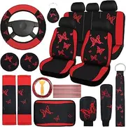 BBTO 43 Pcs Butterfly Car Seat Full Set Butterfly Car Accessories for Women 5 Front Rear Seat Covers Wrist Strap 2 Pieces Cup Mat Armrest Pad 2 Seat Belt Cover Accessories for SUV Car (Red, Black)