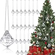 60 Pieces Acrylic Crystal Ball Christmas Tree Ornaments Acrylic Diamond Christmas Tree Ornaments Acrylic Diamond Pendants Beads Ornaments with Silver Thread for Christmas Decorations (Clear Color)