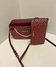 Michael Kors Lady Large Crossbody Purse Bag + Double Zipper Wallet Oxblood Multi