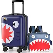 [iPlay, iLearn] Unicorn Airplane Dinosaur Shark Kids Luggage, Boys Girls Carry On Suitcase, 18" Hardside Travel Rolling Luggage Set W/Backpack, Toddler Children Holiday Birthday Gift, Navy Blue, Large,
