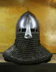 MEDIEVAL ANCIENT SOLDIER BATTLE HELMET WITH FACE GRILLED AND CHAINMAIL CURTAIN.