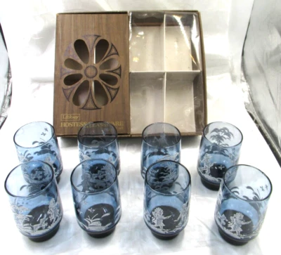 Vtg 1974 Set Of 8 Libbey Mary Gregory 12 oz. Blue Hostess Glass tumblers box