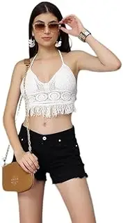 [Generic] Aashita Creations Women's Crochet Halter Neck Padded Bikini Tops Backless Lace Up Beachwear Bralette Crop Top/Bra
