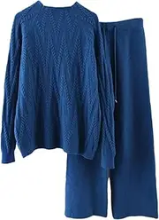 [Generic] Winter Thick Knitted Sweater 2 Piece Sets Women Mock Neck Pullover Tops Wide Leg Pants Outfits Lounge Sets Tracksuits