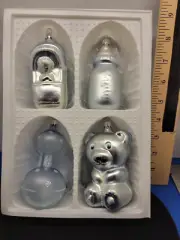 Baby Boy Ornaments Set of 4 Blue Kringle Glass Cradle Bottle Rattle Bear 353
