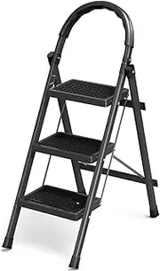 [HPAMR] Steel Portable Folding Heavy Duty Ladder, Foldable Ladders Kitchen Stepladder with Anti-Slip Tread Heavy Duty Steel Ladders Ideal for DIY Home Garage, Matching Tool Holder (Black, 3 Step)