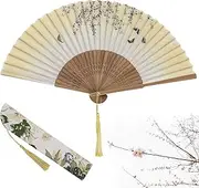Folding Hand Fans for Women, Silk Handheld Folding Fan, Chinese Vintage Style Folding Fan with Bag for Birthday Wedding Party Decoration (Yellow)
