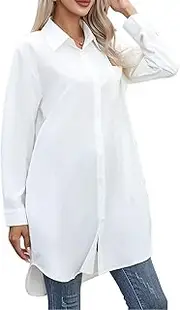 [Runmeihe] Women Longline Casual Blouse with Buttons, V Neck Business Work Shirt, Oversize Polyester Long Sleeve Tops