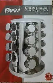 Parini Brand ~ 17 Piece Stainless Steel ~ Carousel Spice Rack Tower ~ Glass Jars