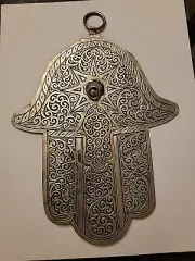 Handcrafted Metal Handmade Moroccan Hamsa Khemissa Evil Eye Away Pendant, 9"x7"