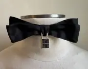 DSQUARED² CLASSIC BLACK SILK SATIN BOW WITH SILVER METAL PADLOCK & KEY PENDANT