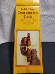 Unique Vintage English style 6 in one coat and hat rack wooden & brass in box
