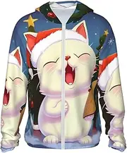 [FHEDVBN] Men's UPF 50+ Cute Cat Sing Christmas Carols Sun Protection Hoodie Long Sleeve Rash Guard Hiking Running Workout Shirt