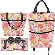 INHEMING Foldable Trolley Bags, Shopping Trolley Shopping Bag with Wheels, 2 in 1 Foldable Shopping Trolley for Home Supermarket Durable Bag - Floral Pattern