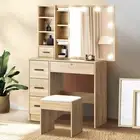 Oikiture Dressing Table Stool Set Makeup Slide Mirror Drawer 10 LED Bulbs Wooden
