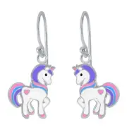 925 Sterling Silver Heart Rainbow Tail Purple Mane Unicorn Dangle Drop Earrings