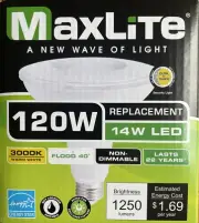 MaxLite 14W LED 120W Floodlight 3000K 1250 Lumen E26 Base PAR38 2 yrs Vol discnt