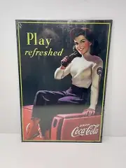 Coca-Cola Metal Sign "Play Refreshed" Tin Coke 16 1/2" x 11 1/2" Drink Coca Cola
