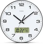 TIMESS Wall Clock, 12" Dial Non-Ticking Silent Battery Operated Analog with LCD Display for Perpetual Calendar and F° Temperature, Ideal Modern Home, Bedroom, Kitchen, Office Decor (Black)
