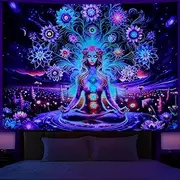 Dermijer Blacklight Seven Chakra Yoga Meditation Tapestry, Mountain Cloud Galaxy Space Flower Design, UV Reactive, 51.2" x 59.1", Living Room, Bedroom, Home Office