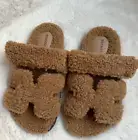 New Hermes Chypre Women Sandals Beige Argile Shearling Teddy Slippers Size 37.5