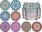 Drink Coasters Round Absorbent Ceramic Stone Coasters Set of 8 with Cork Base, Fun Drink Coasters with Stand for Cold Drinks, Wine Glasses and Cups Table Protection, 4 inch, Mandala Style Ceramic Coasters