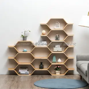 竹庭書架落地收納置物架墻壁隔斷實木兒童書柜蜂巢創意省空間書架