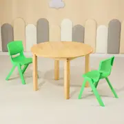 80CM Round Wooden Kids Table and 2 Green Chairs Set Pinewood Timber Childrens Desk