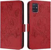 IVY Galaxy A51 4G PU Leather Flip Cover Wallet Case [Rose][Wrist & Shoulder Strap][Card Holder][Kickstand] for Samsung Galaxy A51 4G Case - Red