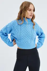 Blue Cable Knit Jumper Turtle Neck - Size M, Women's Basic Knit