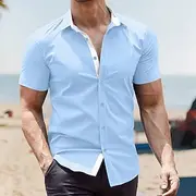 Men's Shirt Linen Shirt Summer Shirt Beach Wear Button Up Shirt Plain Vacation Casual Black White Blue Short Sleeve Collar Summer Spring Summer Clothing Appar