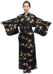 Women's Yukata Robe Japanese Summer Kimono - Golden Plum Black