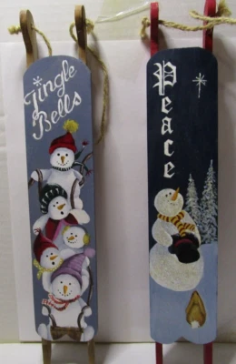 Hand Painted Wood Sleds Set of 2 Peace & Jingle Bells - Snowmen