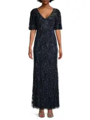 Aidan Mattox Beaded V-Neck Sheath Gown, V-neck, Short sleeves, Size 0, $550 NWT