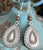 Etched Silver Teardrop and Copper Bead Dangle Earrings. Boho Chic