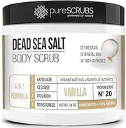 [pureSCRUBS] Premium Vanilla Body Scrub Set - Large 16oz Dead Sea Salt Body Scrub With Infused Essential Oils & Nutrients, Includes Wooden Spoon, Loofah & Oatmeal Exfoliating Bar Soap