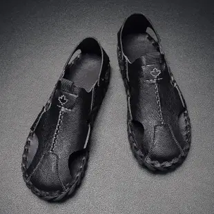【ANSEL】真皮涼鞋 羅馬涼鞋/真皮復古立體縫線經典造型平底涼鞋-男鞋(黑)