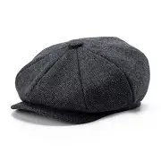 BOTVELA Men's 8 Panel Wool Blend Newsboy Flat Cap Herringbone Tweed 7 1/8 Black