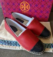 New In Box Tory Burch Blue Leather Color-Block Flat Espadrille size 8
