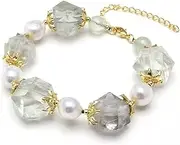 SKYLL Natural Prasiolite Green Rutilated Amethyst Cutting Angle Chunky White Keshi Pearl Prehnite Bracelet for Women